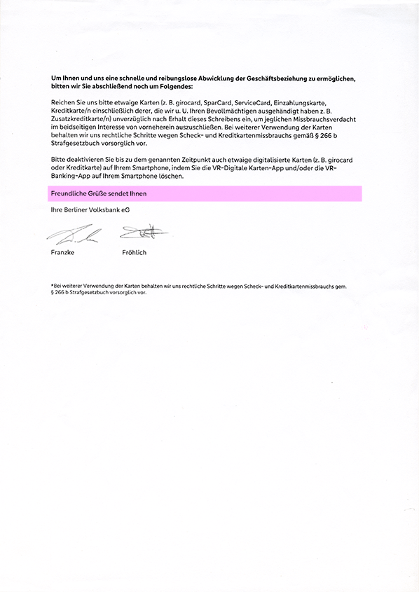 Berliner Volksbank – Hausverbot und fristlose Kündigung der Geschäftsbeziehung