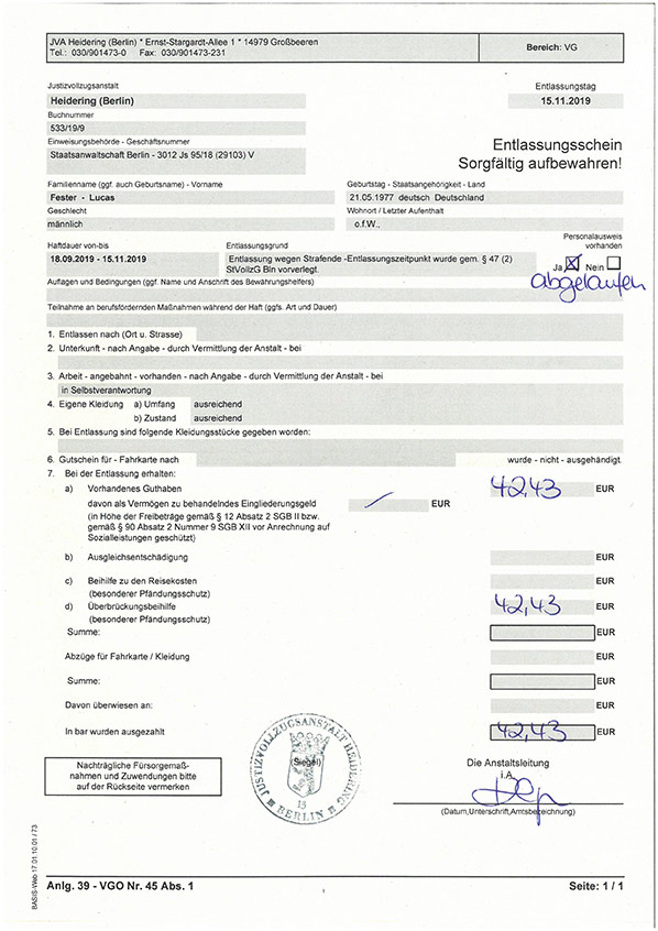 Enttlassunngsschain IV — JVA Heidering — 0003/2019 — (Entlassungsschein)