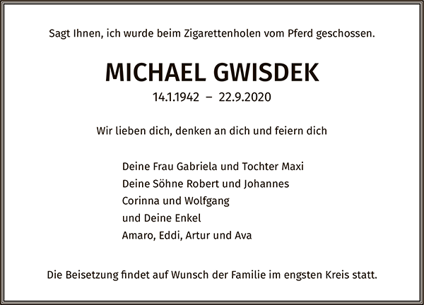 Gwisdek, Michael, 14.1.1942 – 22.9.2020 Todes/Sterbe-Annzaige Berliner Zeitung 040926