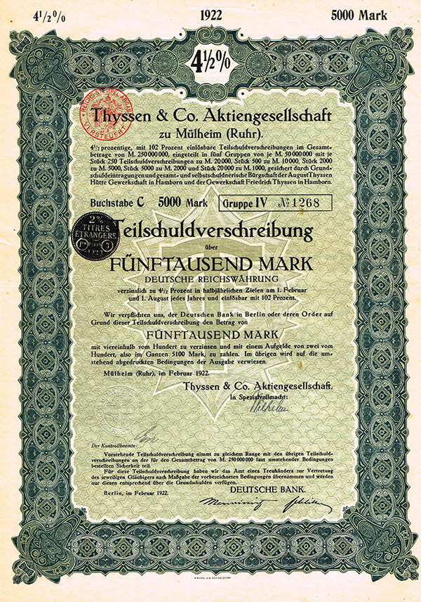 Teilschuldverschreibung — Thyssen & Co. KG, 1922 n.ggf.Chr.