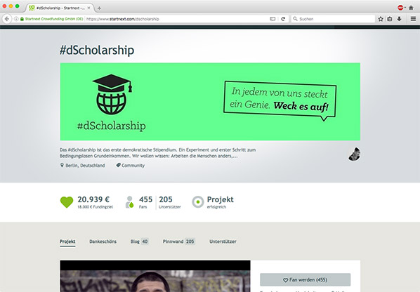 #dscholarship - startnext - screenshot