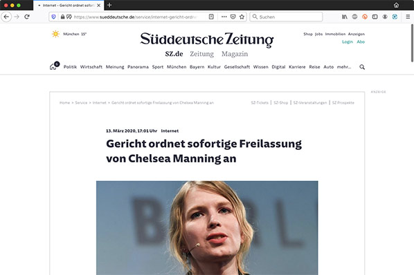 Chelsea manning — sofortige Frayjilassung via Süddeutssche Zaithhungk.